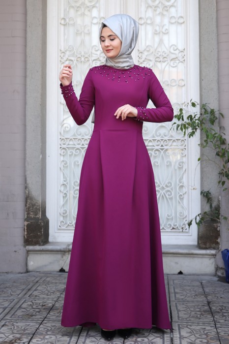 PEARL DETAILED FUCHSIA DRESS