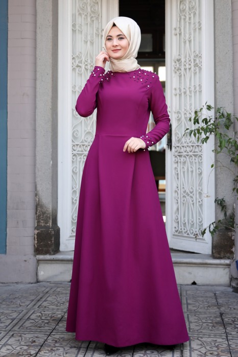 PEARL DETAILED FUCHSIA DRESS