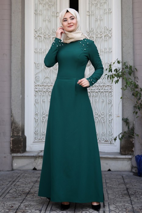 PEARL DETAILED GREEN DRESS