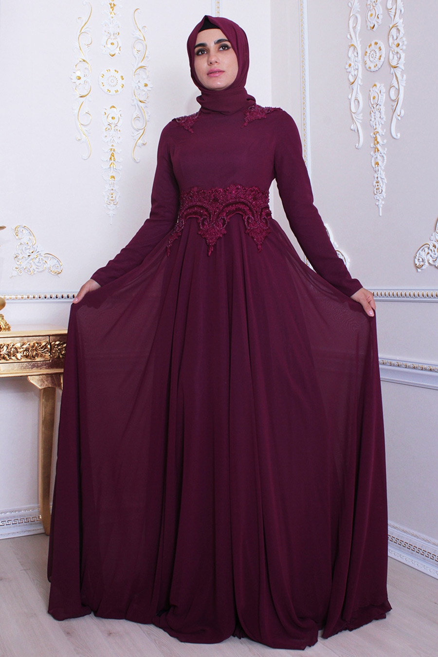 plum evening gown