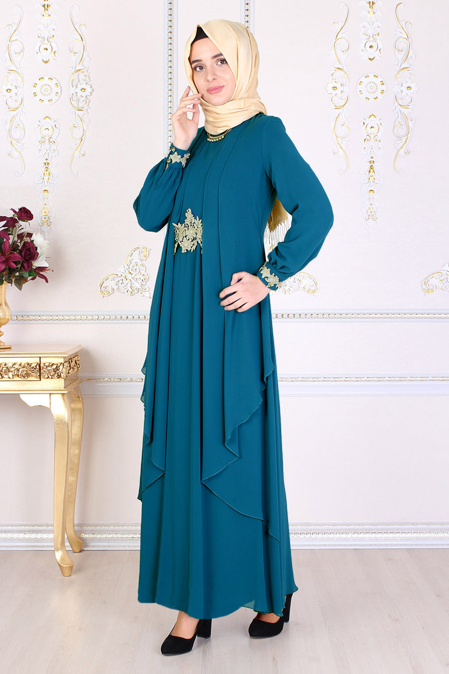 Lace Detailed Blue Evening Dress