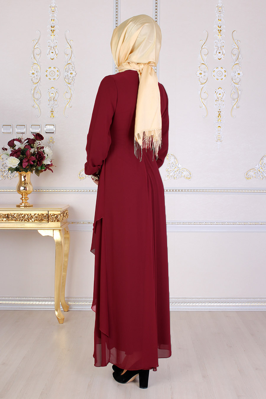 Lace Detailed Red Evening Dress