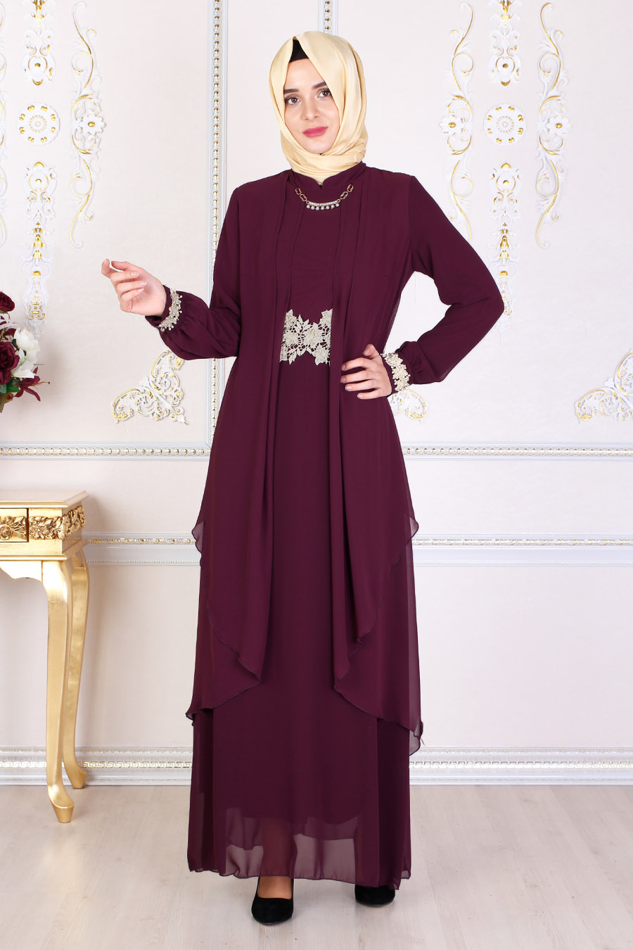 Lace Detailed Plum Evening Dress