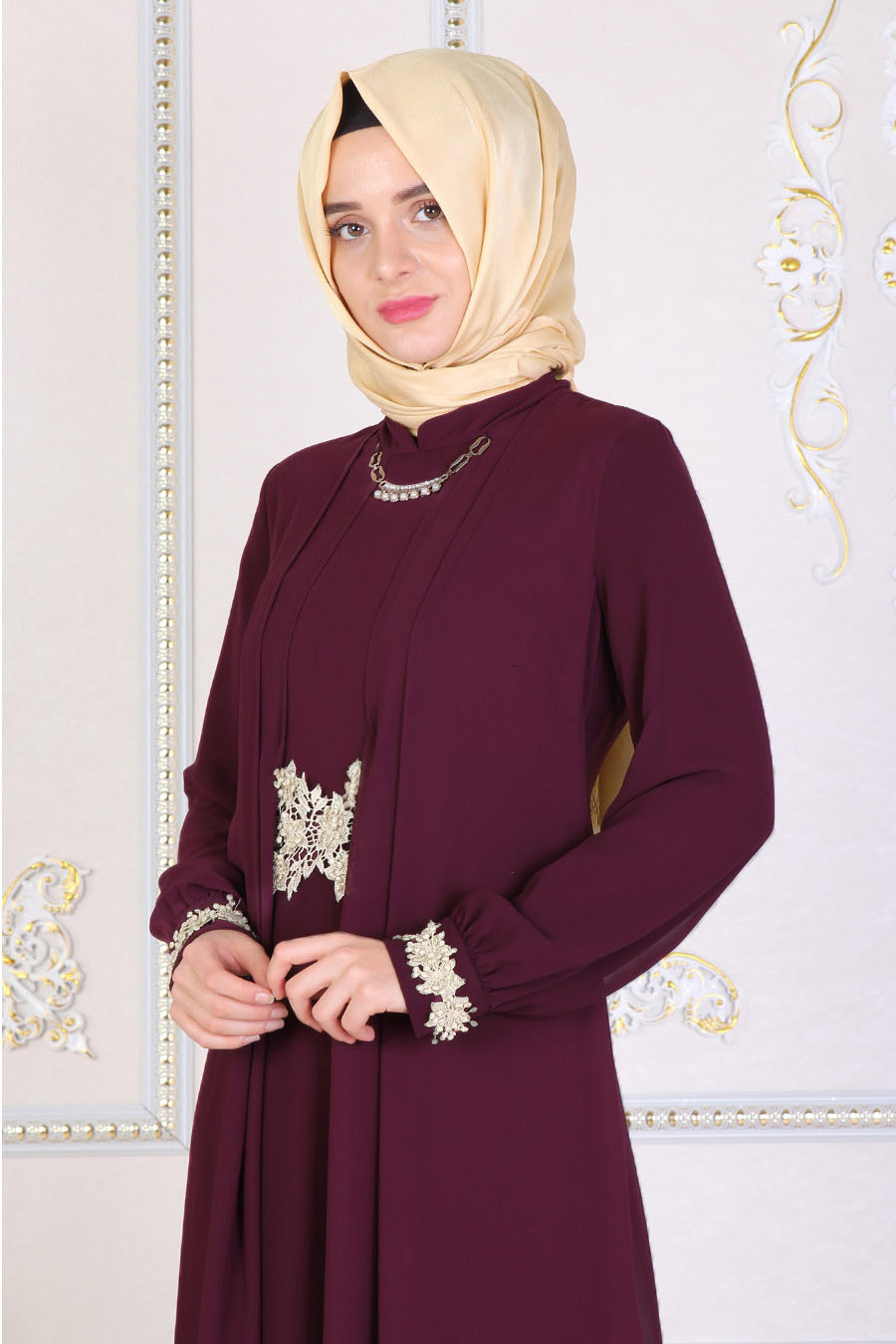 Lace Detailed Plum Evening Dress