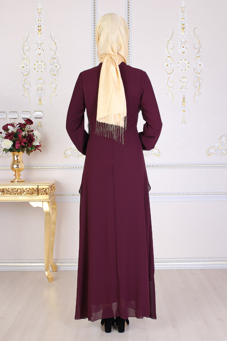 Lace Detailed Plum Evening Dress