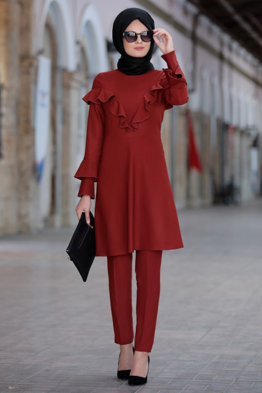 Brick Color Tunic And Pant Suit