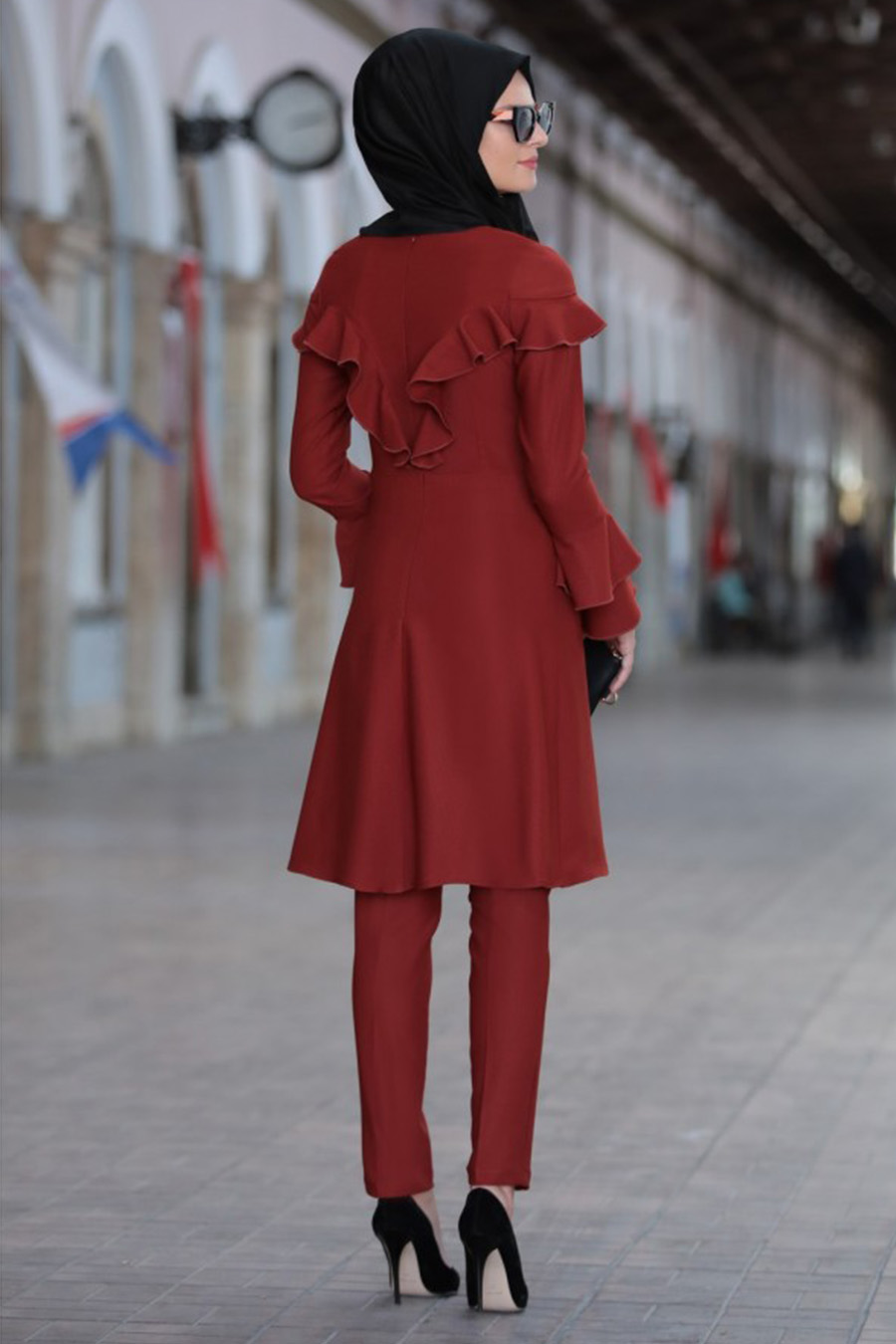 Brick Color Tunic And Pant Suit