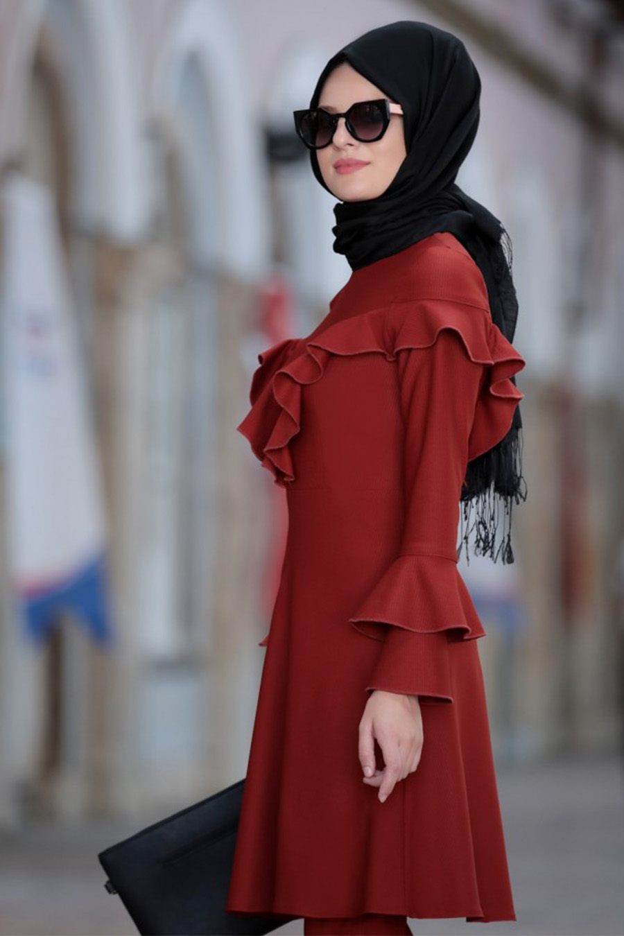 Brick Color Tunic And Pant Suit