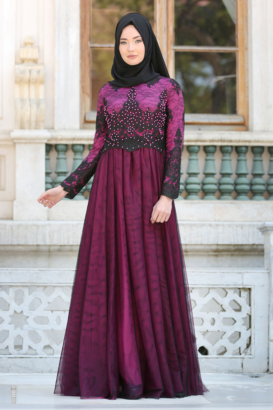 PEARL DETAILED FUCHSIA EVENING DRESS