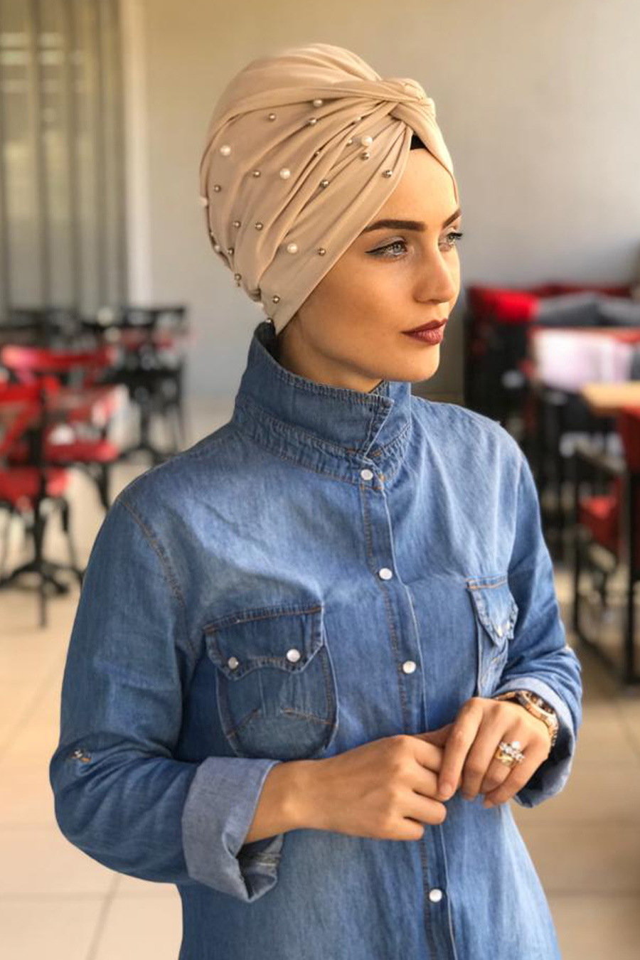 PEARL DETAILED BEIGE TURBAN HIJAB