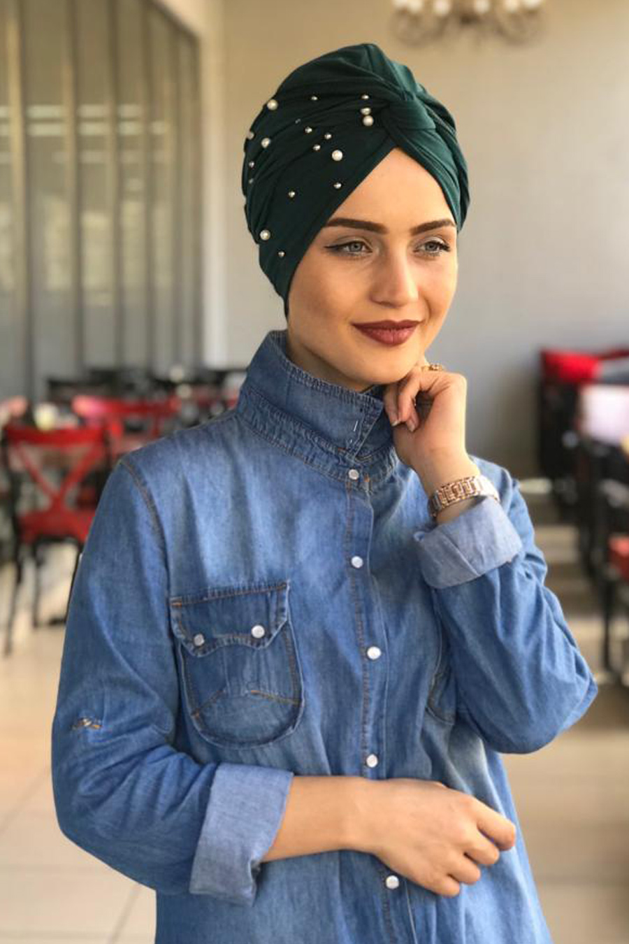 PEARL DETAILED GREEN TURBAN HIJAB