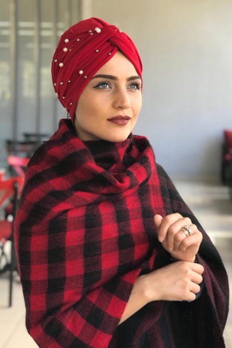 PEARL DETAILED RED TURBAN HIJAB