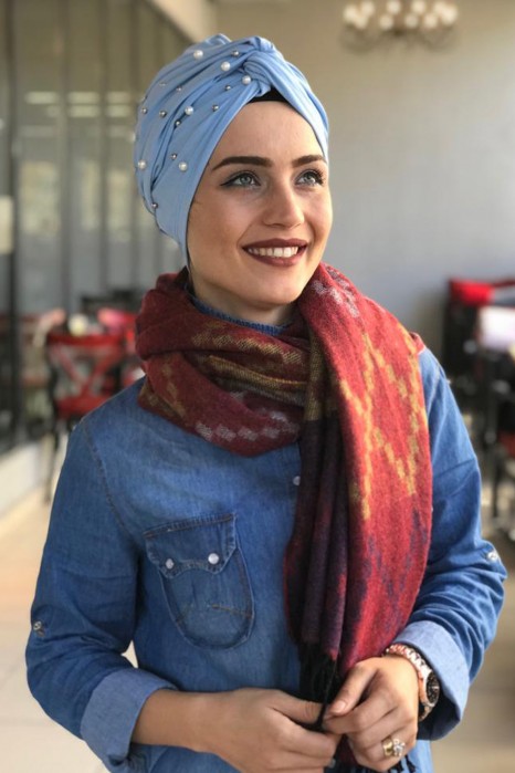 PEARL DETAILED ICE BLUE TURBAN HIJAB