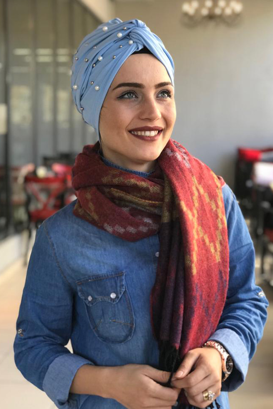 PEARL DETAILED ICE BLUE TURBAN HIJAB