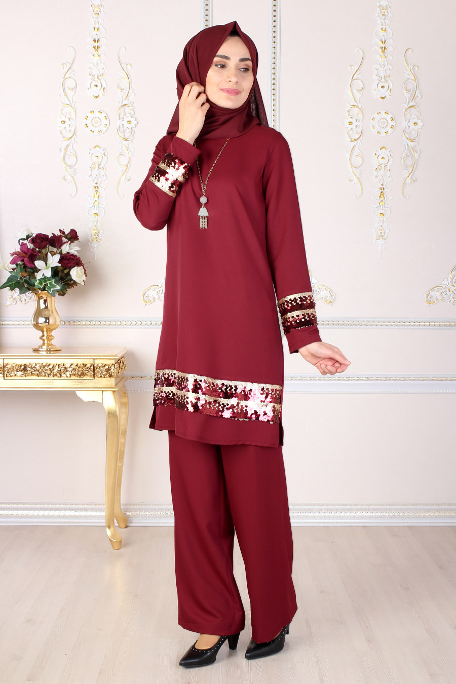 red sequin pantsuit
