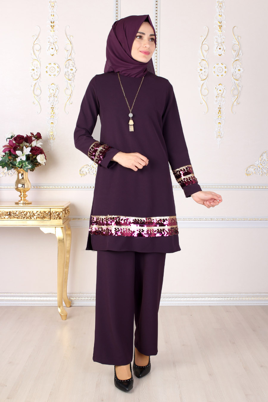 purple sequin pantsuit