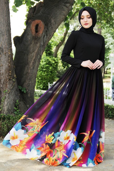 FLOWER PATTERNED BLACK DRESS