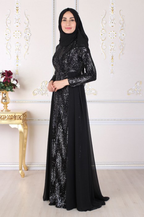 SEQUIN DETAILED BLACK EVENING DRESS