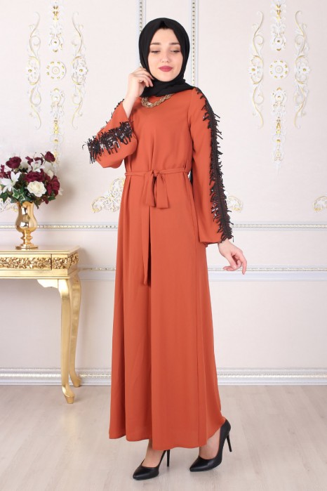 SEQUIN DETAILED BRICK COLOR ABAYA 