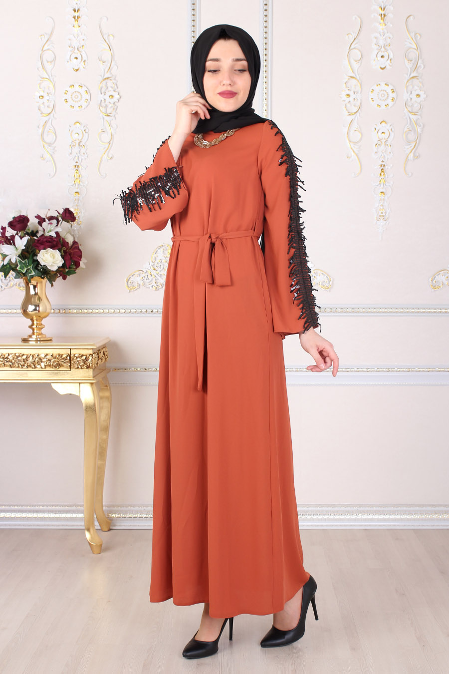 SEQUIN DETAILED BRICK COLOR ABAYA 