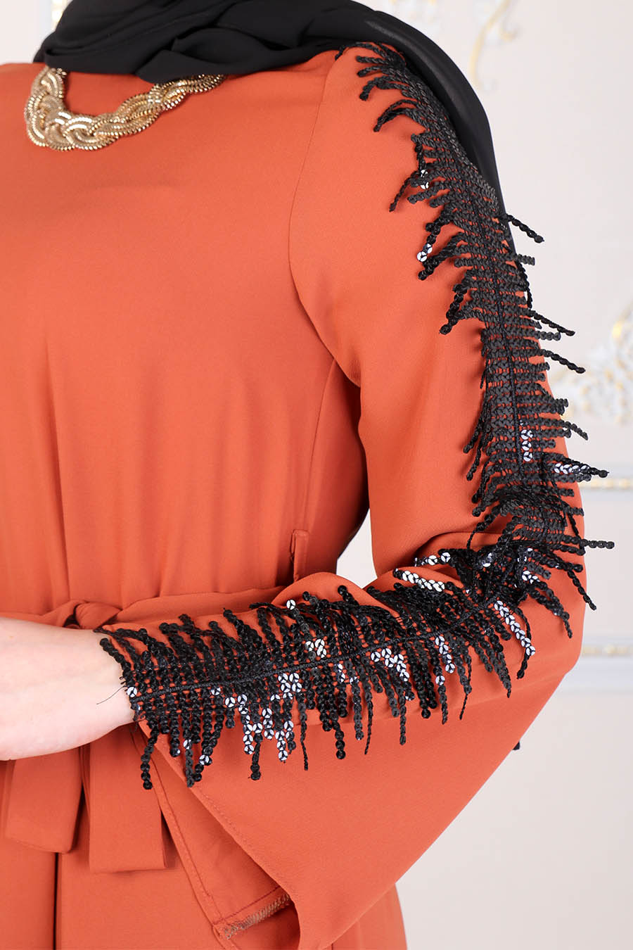 SEQUIN DETAILED BRICK COLOR ABAYA 