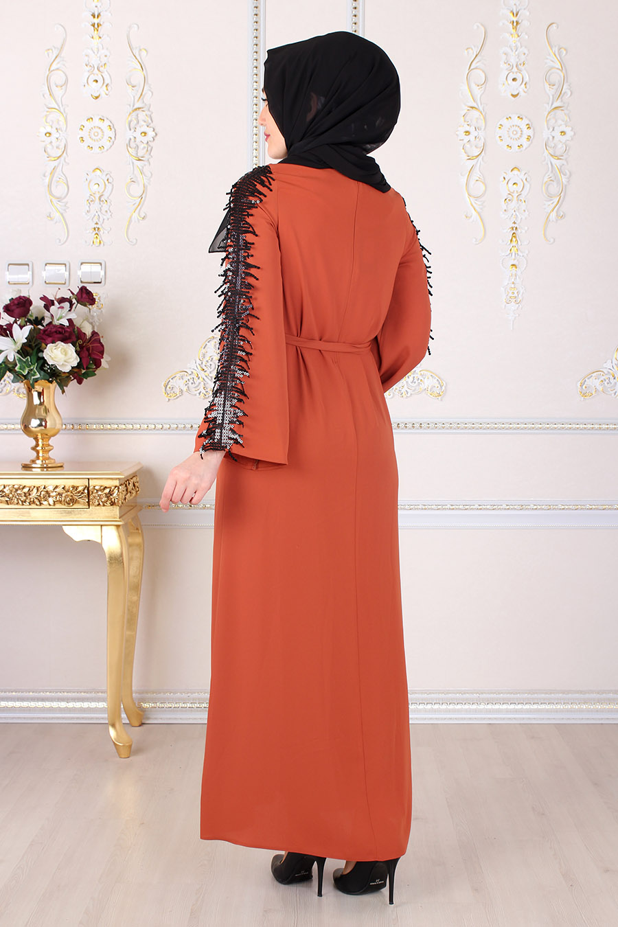 SEQUIN DETAILED BRICK COLOR ABAYA 