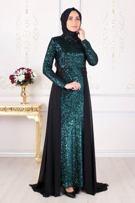 SEQUIN DETAILED GREEN EVENING DRESS