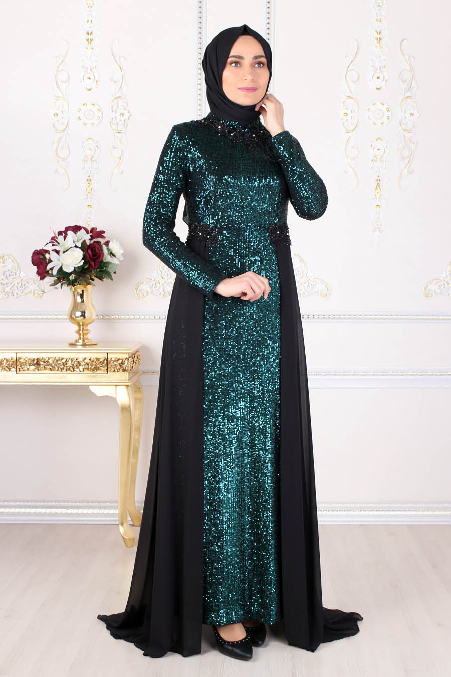 SEQUIN DETAILED GREEN EVENING DRESS