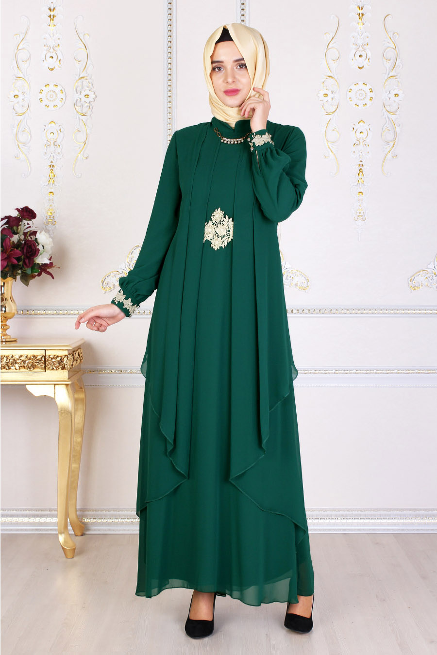 Lace Detailed Green Evening Dress
