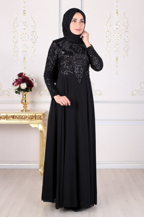 SEQUIN DETAILED BLACK EVENING DRESS