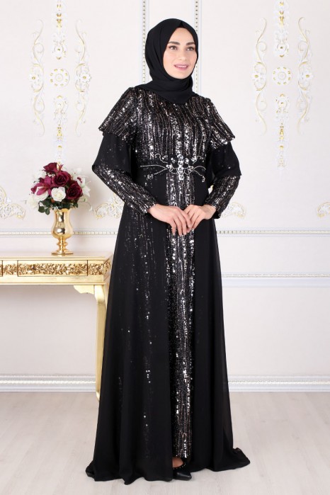 SEQUIN DETAILED GOLD EVENING DRESS