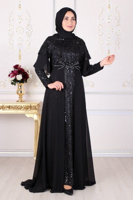 SEQUIN DETAILED BLACK EVENING DRESS