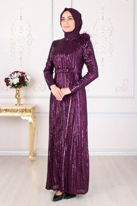 SEQUIN DETAILED PURPLE EVENING DRESS