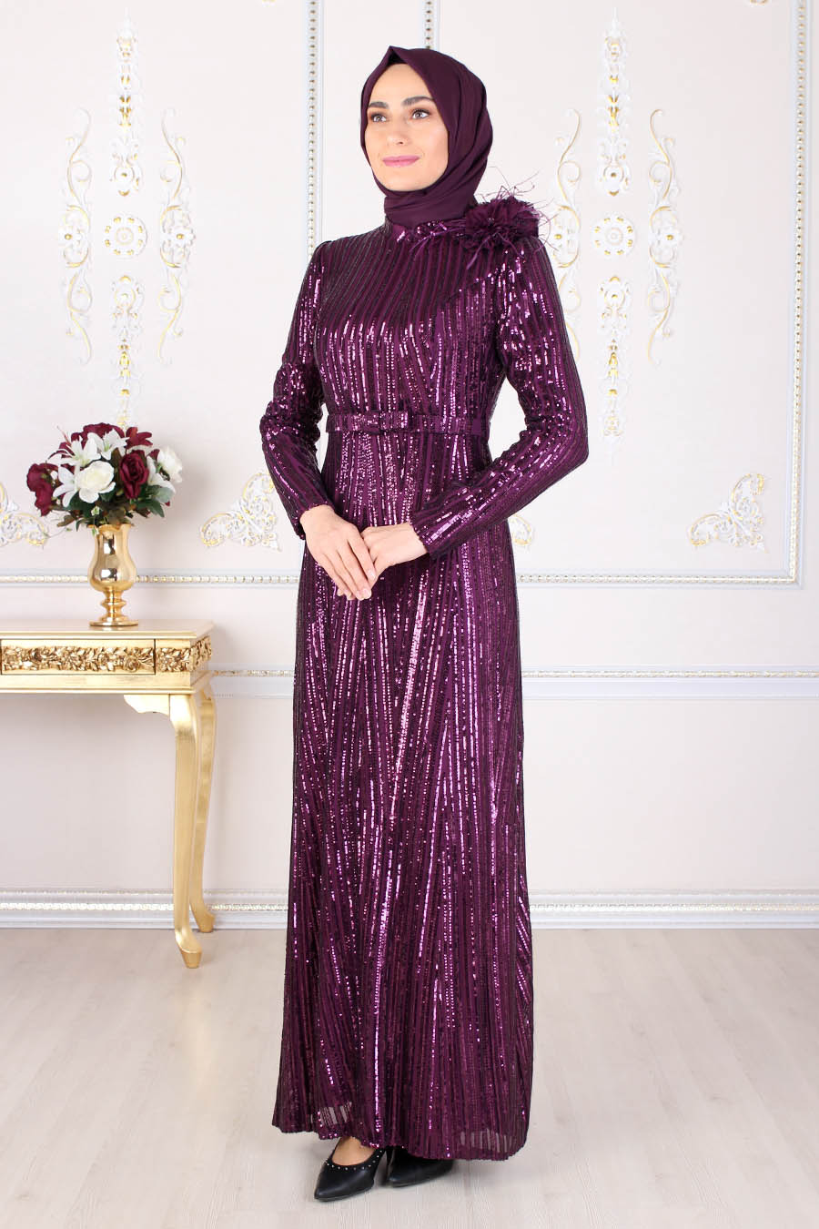 SEQUIN DETAILED PURPLE EVENING DRESS