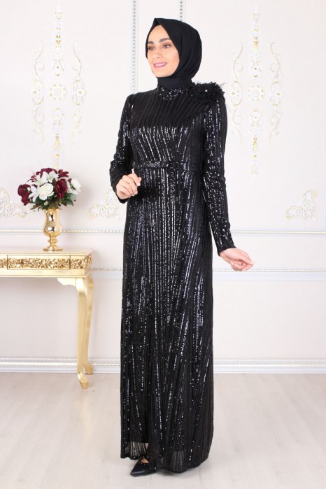 SEQUIN DETAILED BLACK EVENING DRESS