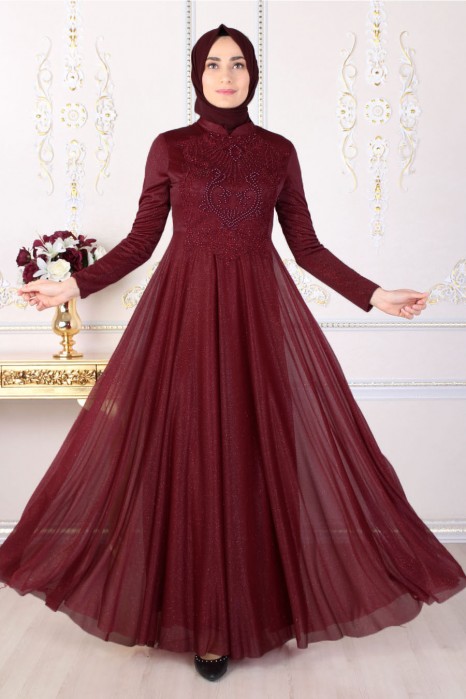 PEARL DETAILED CLARET RED EVENING DRESS