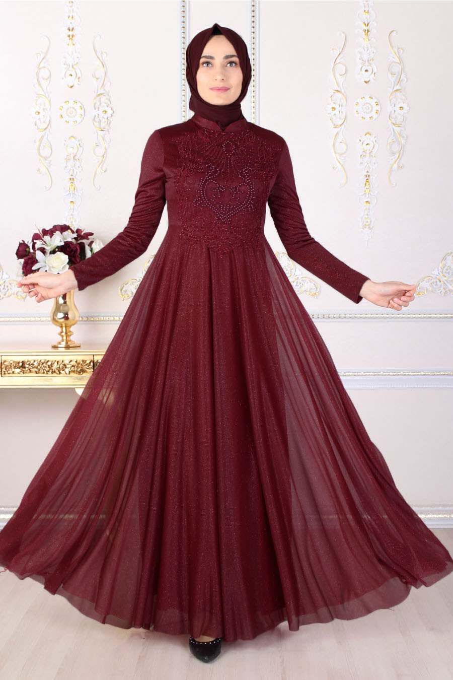 PEARL DETAILED CLARET RED EVENING DRESS