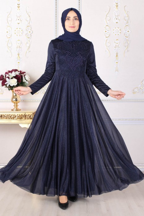 PEARL DETAILED NAVY BLUE EVENING DRESS