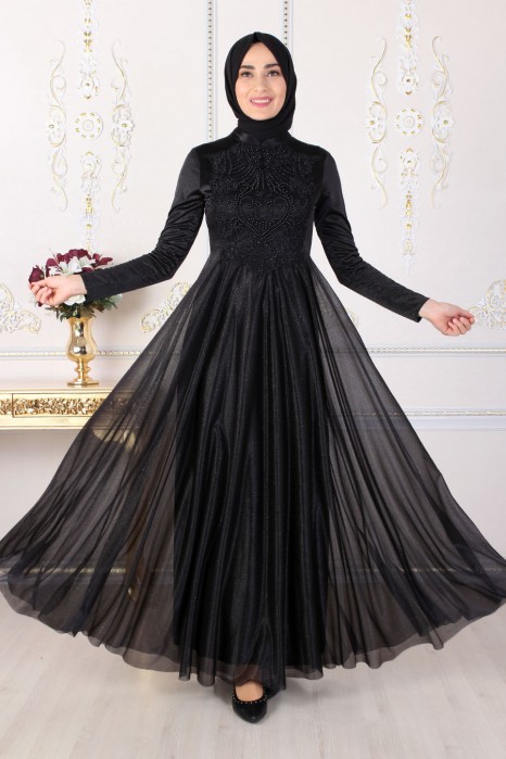 PEARL DETAILED BLACK EVENING DRESS
