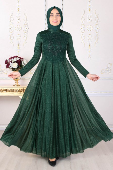 PEARL DETAILED GREEN EVENING DRESS