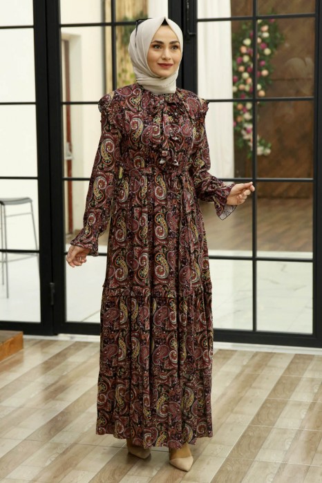 PATTERNED CLARET RED  DRESS 