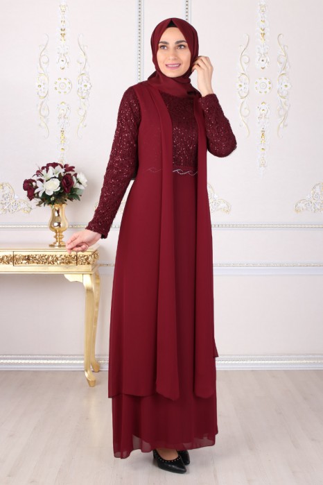 SEQUIN DETAILED CLARET RED EVENING DRESS