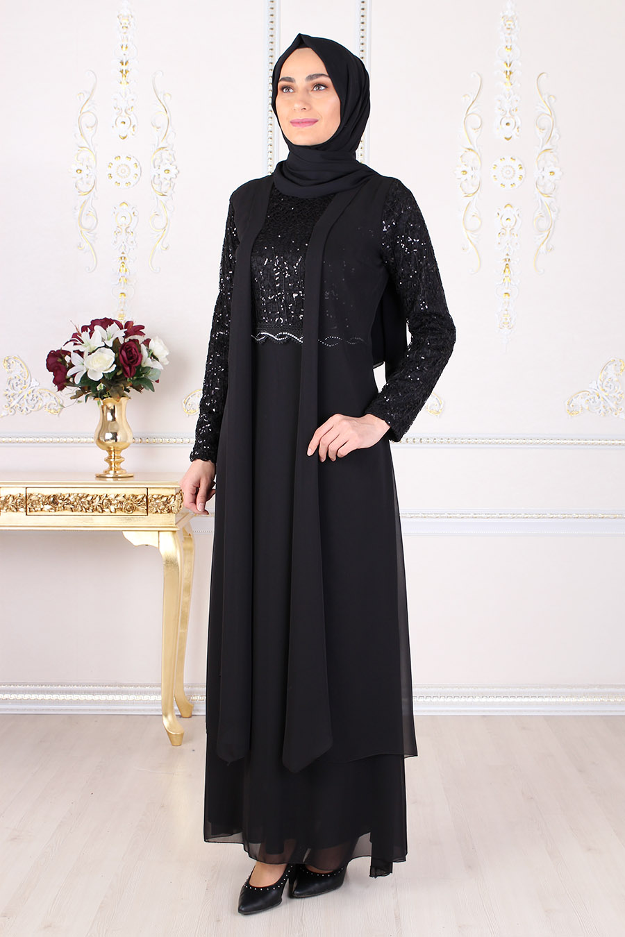 SEQUIN DETAILED BLACK EVENING DRESS