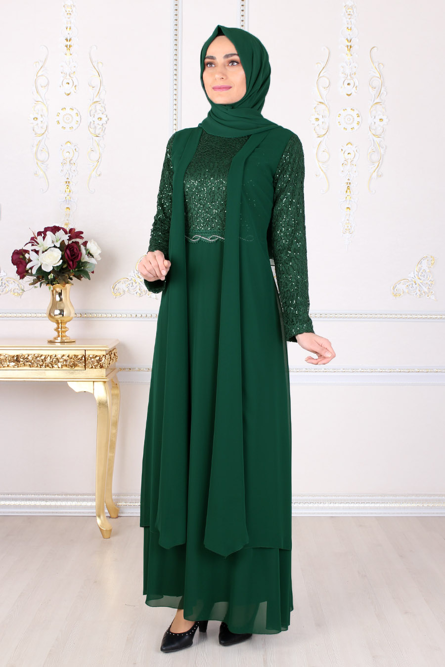 SEQUIN DETAILED GREEN EVENING DRESS