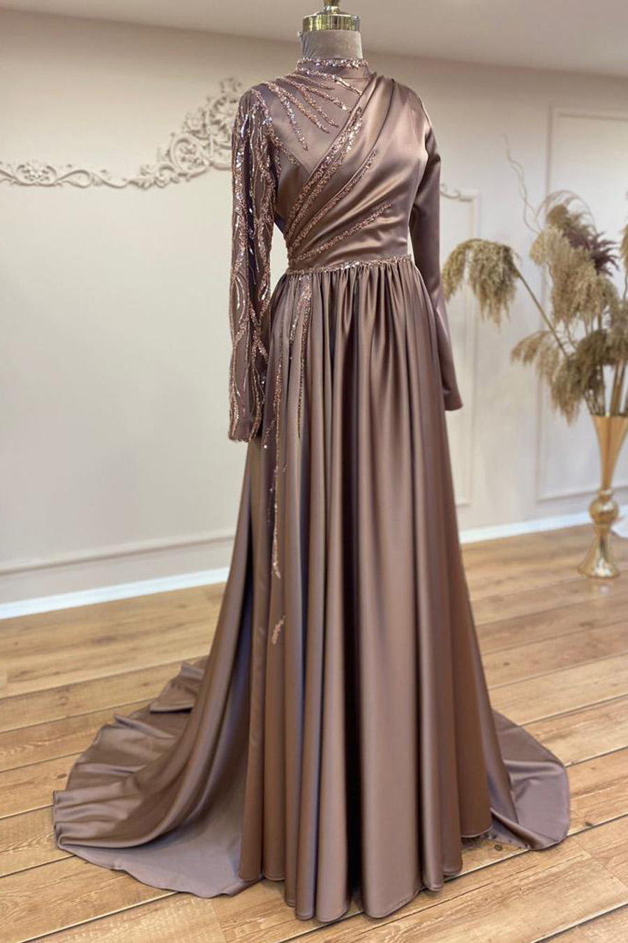STONE DETAILED COPPERTONE COLOR EVENING DRESS  