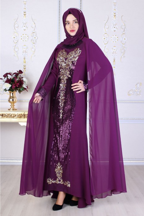 SEQUIN DETAILED PURPLE EVENING DRESS