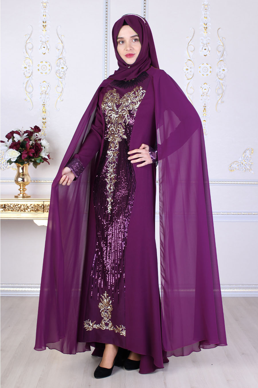 SEQUIN DETAILED PURPLE EVENING DRESS
