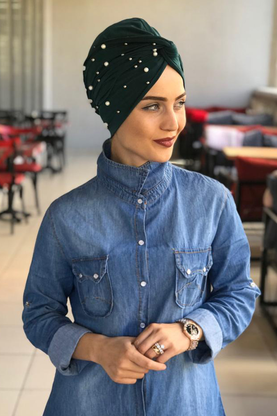 PEARL DETAILED GREEN TURBAN HIJAB