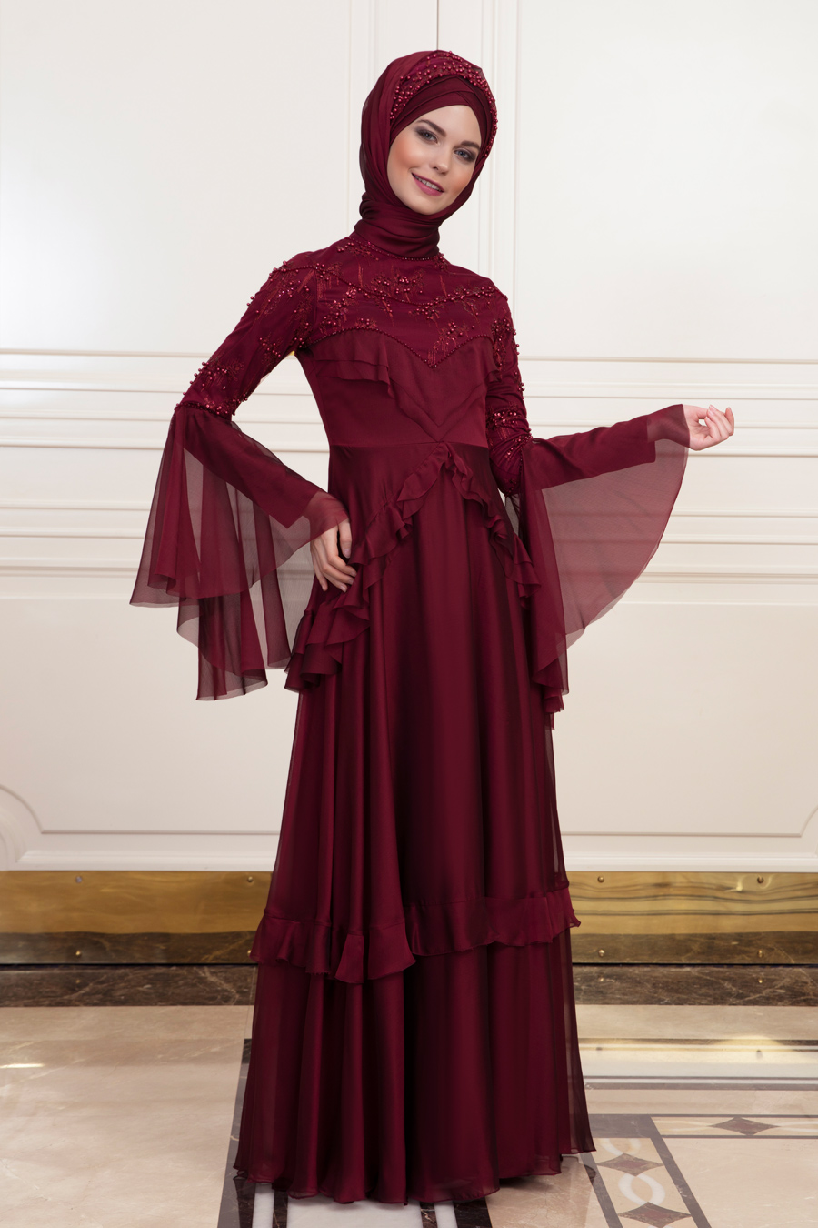 HAYAL CLARET RED EVENING DRESS