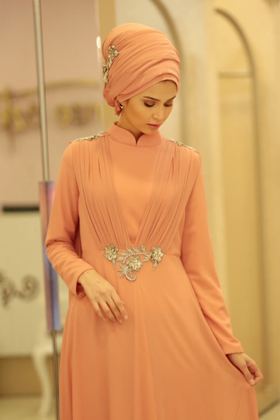 CORAL COLOR EVENING DRESS